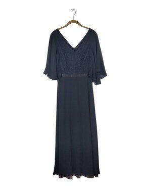 DressTells Cape Sleeve Lace Top Black Maxi Dress V-Neck Wedding Guest Womens M